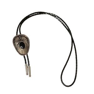 Bolo Tie Silvertone & Black Oval With Feather Southwest Design